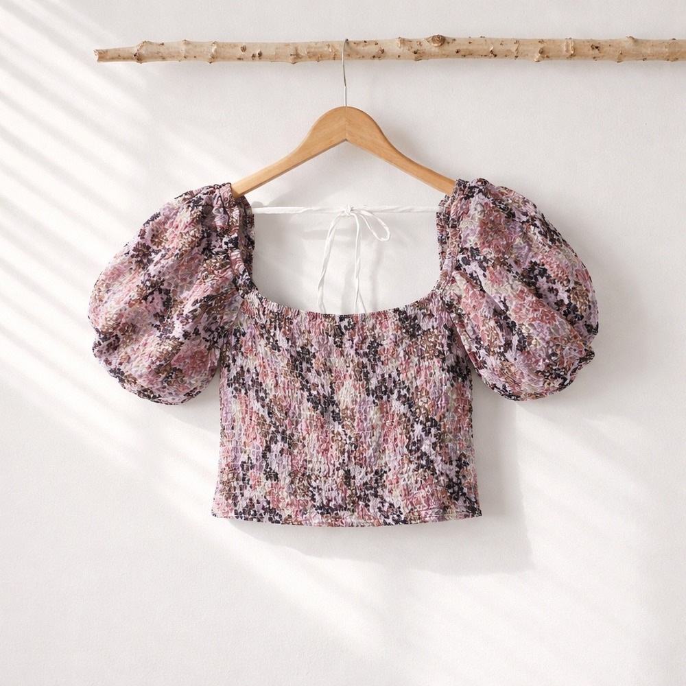 Free People Smocked Puff Sleeve Top Women XL Purple Floral Square Neck Boho Tie